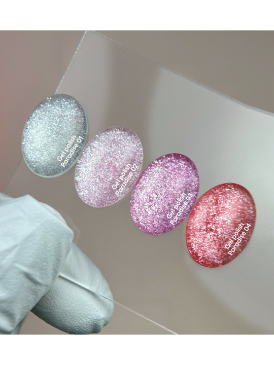 Paradise Gel Polish 01 – biały manicure ze srebrnymi płatkami еfekt na wzorniku